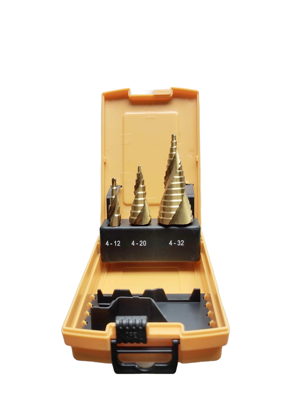 3 different sized gold coloured step drill in a yellow plastisize  case
