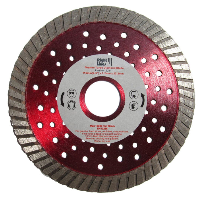 RIGHT LINES Turbo Smooth Cutting Diamond Blades For Granite, Roof Tiles & Bricks Diamond Cutting Blades Abrasives World 115 x 2.2 x 22.2mm