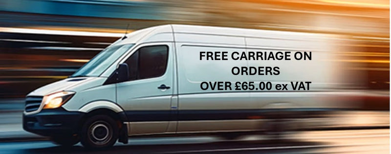 White van with text about free carriage on orders over £65.00 ex VAT, moving on a blurred road background.