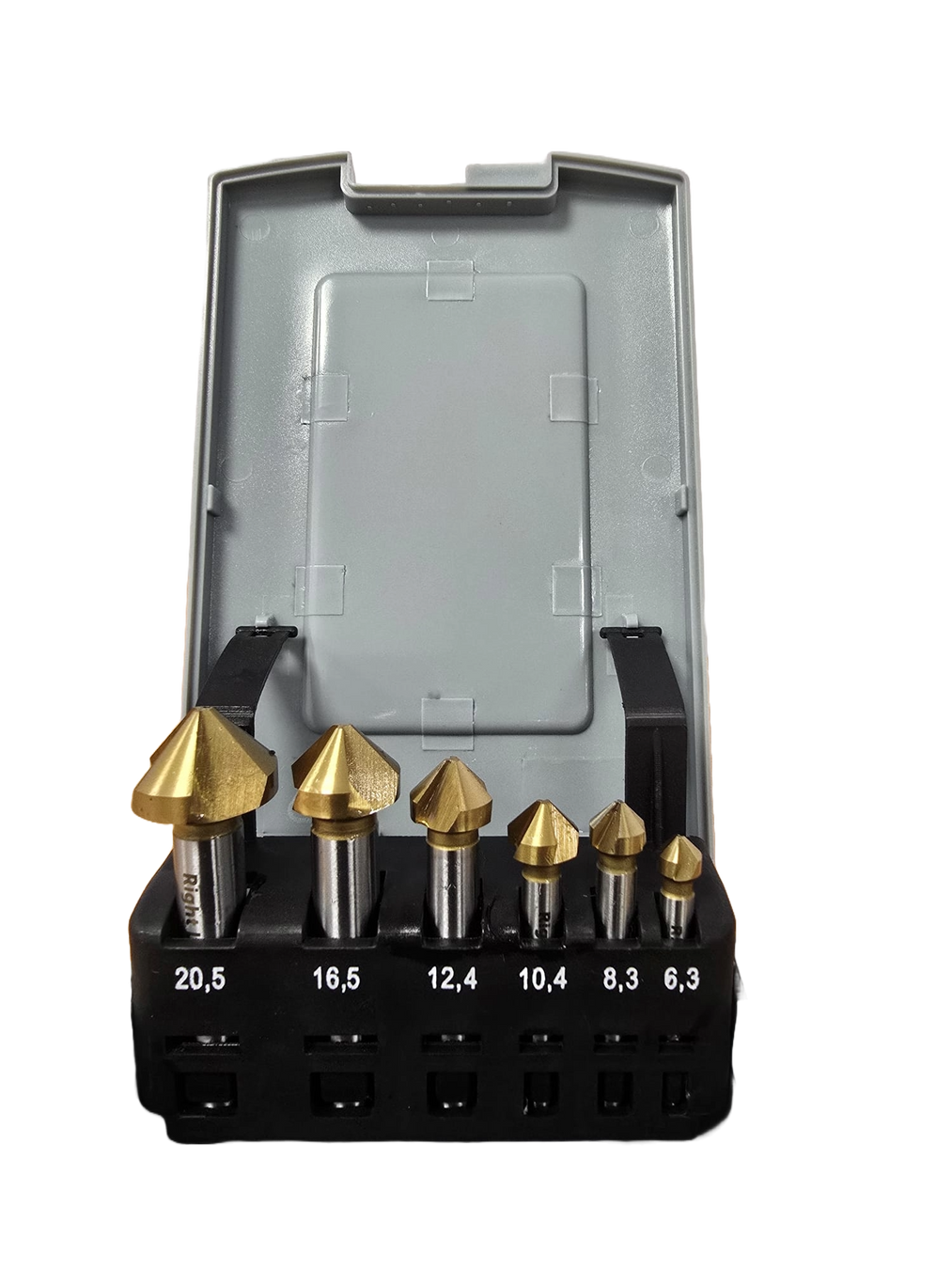 6 countersinks in a grey and black plastic storage case
