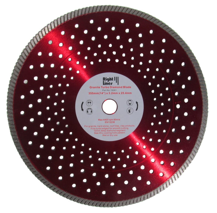 RIGHT LINES Turbo Smooth Cutting Diamond Blades For Granite, Roof Tiles & Bricks Diamond Cutting Blades Abrasives World 350 x 3.2 x 25.4mm