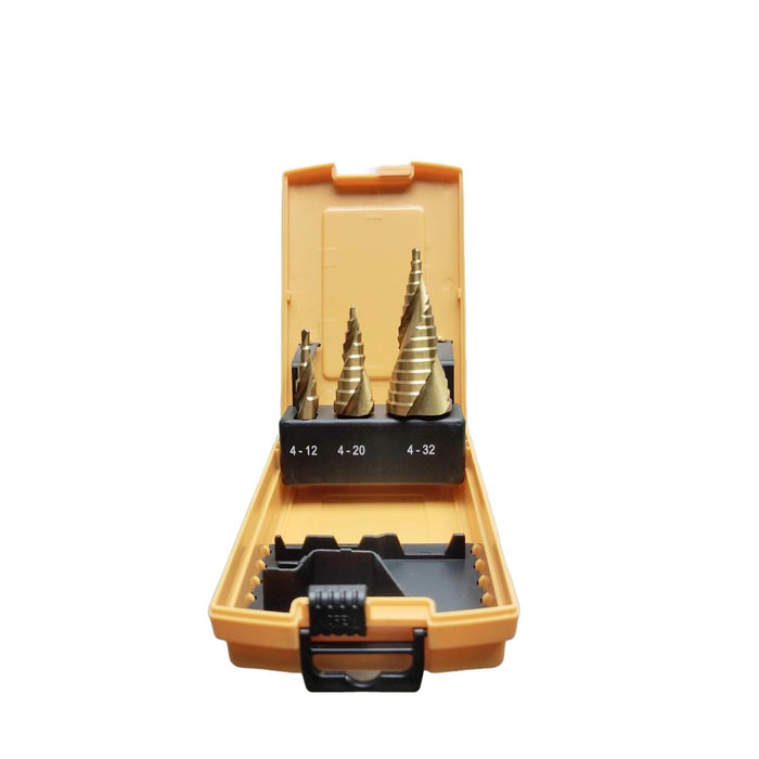 RIGHT LINES 3 pc HSS Step Drill Titanium Coated 1/4" Shank Spiral Flute 4 - 32mm Drills Abrasives world 