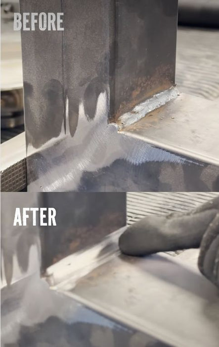 before and after of welding joint using CIBO Ultimate FCC Ceramic Flap Discs 
