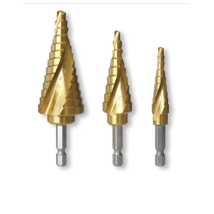 RIGHT LINES 3 pc HSS Step Drill Titanium Coated 1/4" Shank Spiral Flute 4 - 32mm Drills Abrasives world 