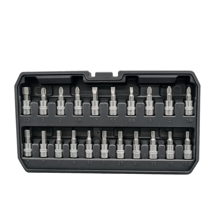 A 20-piece screwdriver bit set in a black plastic case, featuring various silver metal bits arranged in a grid on a white background.