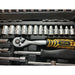 A socket wrench and socket set in a black plastic case, featuring silver metal sockets and tools with a yellow and black ratchet handle branded RIGHT LINES.