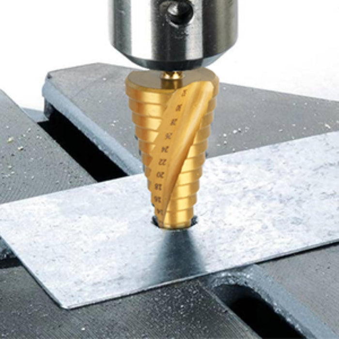 RIGHT LINES 3 pc HSS Step Drill Titanium Coated 1/4" Shank Spiral Flute 4 - 32mm Drills Abrasives world 