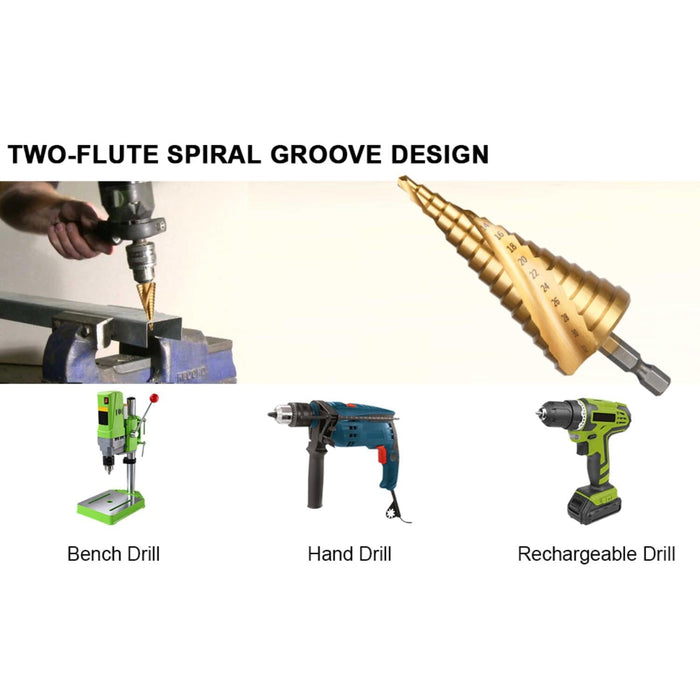 RIGHT LINES 3 pc HSS Step Drill Titanium Coated 1/4" Shank Spiral Flute 4 - 32mm Drills Abrasives world 