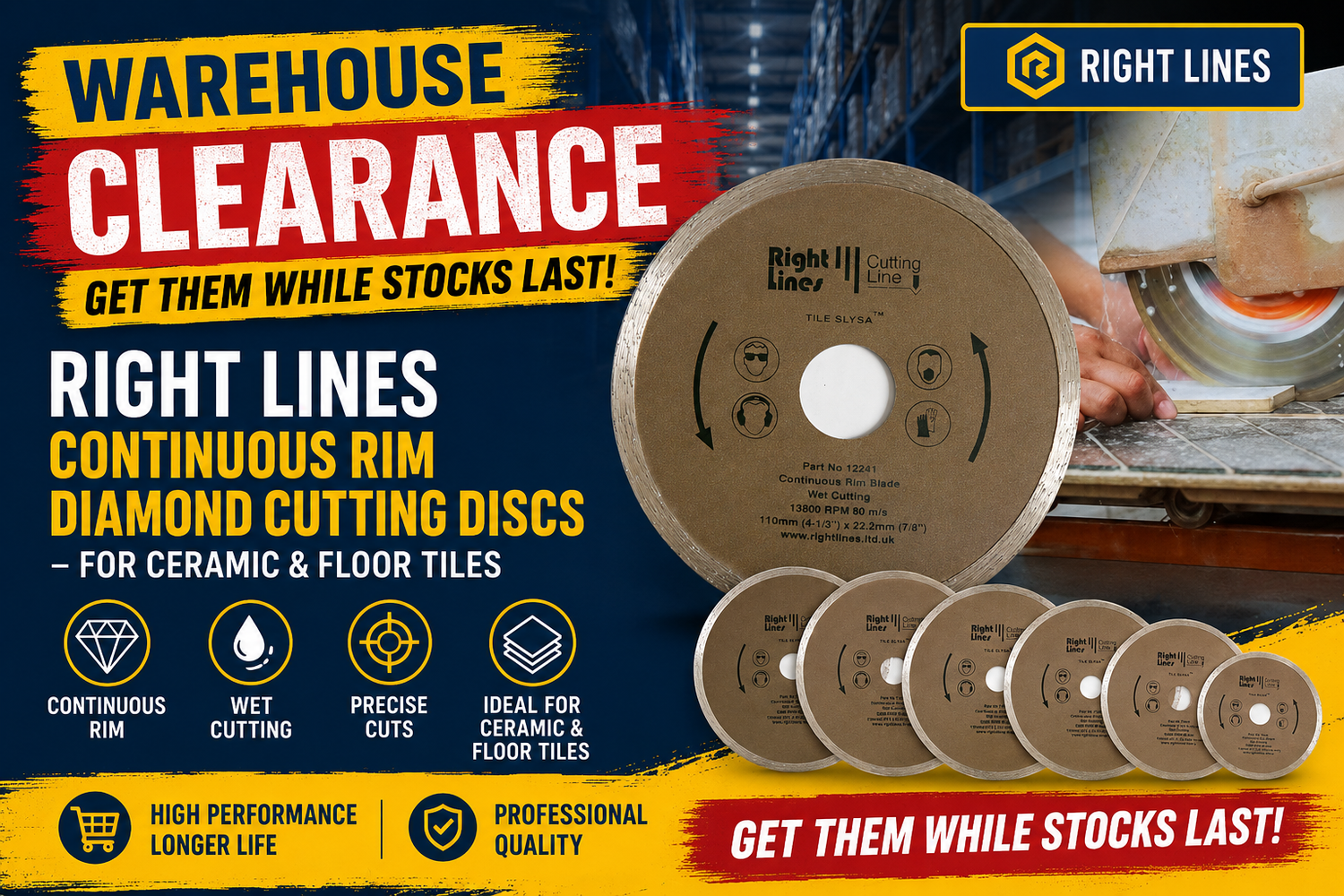 Right Lines Continuous Rim Diamond Cutting Discs – For Ceramic & Floor Tiles